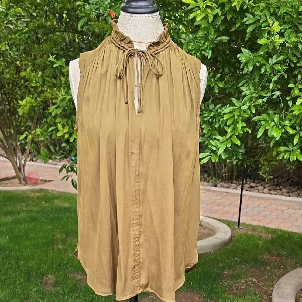Tan Ruched Blouse with Mandarin Collar